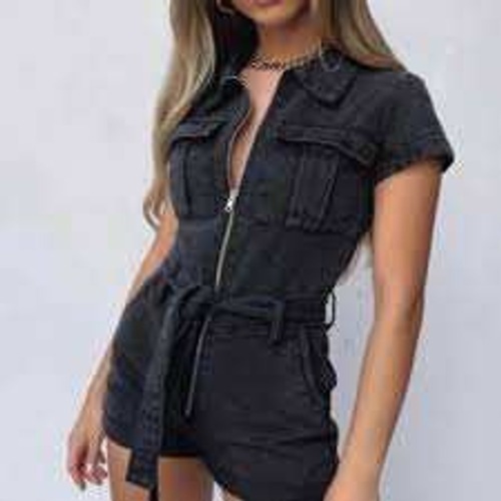 White Fox Boutique Washed Black Off Duty Denim Romper MEDIUM Utility Streetwear